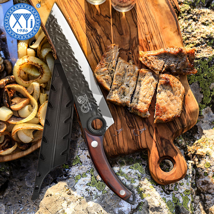 XYJ Kitchen Knife, High Carbon Steel Hand Forged Japanese Chef Knife for Meat Cutting, Cleaver, Cooking Knife with Finger Hole Design, Knife with Sheath, Full Tang, Ergonomic Handle