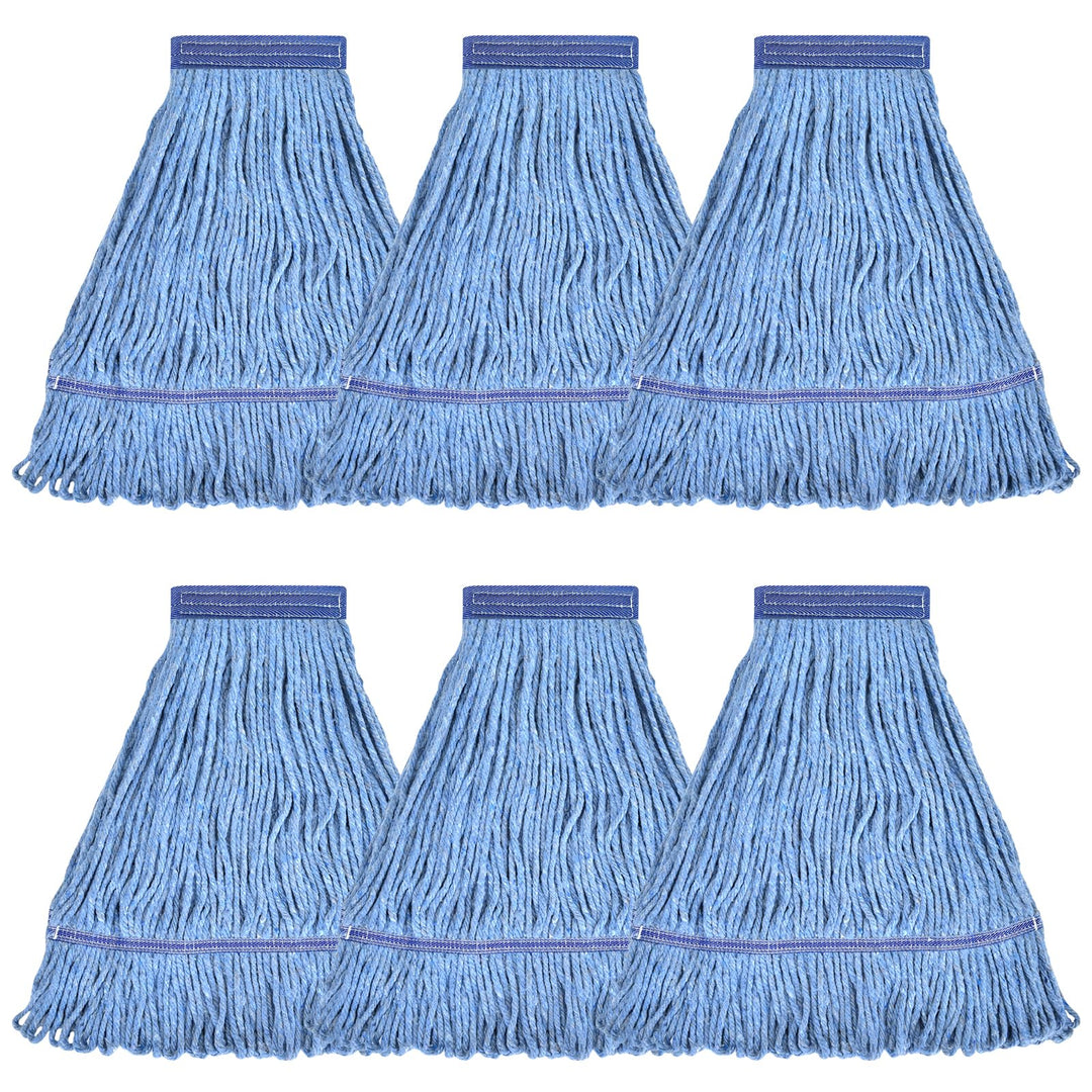 Matthew Cleaning Heavy Duty Mop Head Commercial Replacement for General and Floor Cleaning , Wet Industrial Blue Cotton Looped End String Head Refill (Pack of 6) Blue