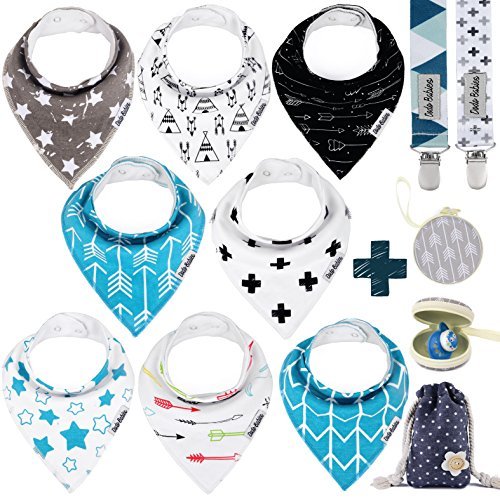 Dodo Babies Bandana Drool Bib Set – Eight 100% Cotton Bibs with Soft Polyester Lining, 2 Pacifier Clips, Binky Case, Blue Gift Bag for Baby Girl or Boy Shower – Adjustable Snap Fit for 3-24 Months - Metta Home and Technologies