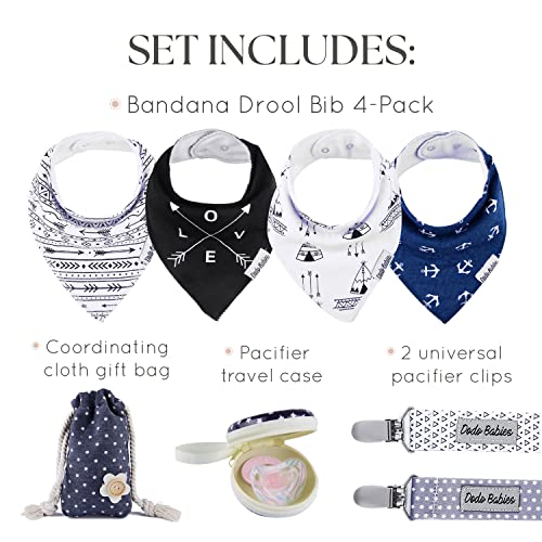 Dodo Babies Bandana Drool Bib Set – Four 100% Cotton Bibs with Soft Polyester Lining, 2 Pacifier Clips, Binky Case, Navy Dot Gift Bag for Baby Girl or Boy Shower – Adjustable Snap Fit for 3-24 Months - Metta Home and Technologies