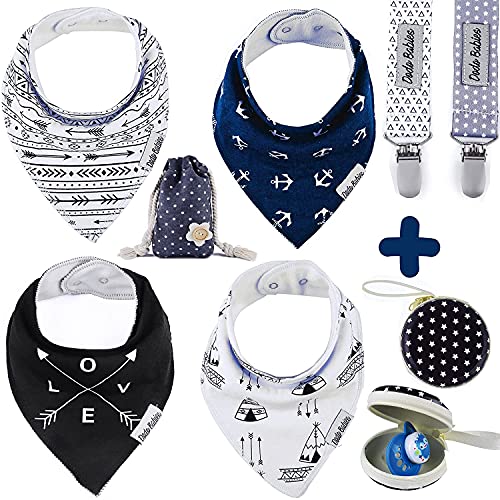 Dodo Babies Bandana Drool Bib Set – Four 100% Cotton Bibs with Soft Polyester Lining, 2 Pacifier Clips, Binky Case, Navy Dot Gift Bag for Baby Girl or Boy Shower – Adjustable Snap Fit for 3-24 Months - Metta Home and Technologies